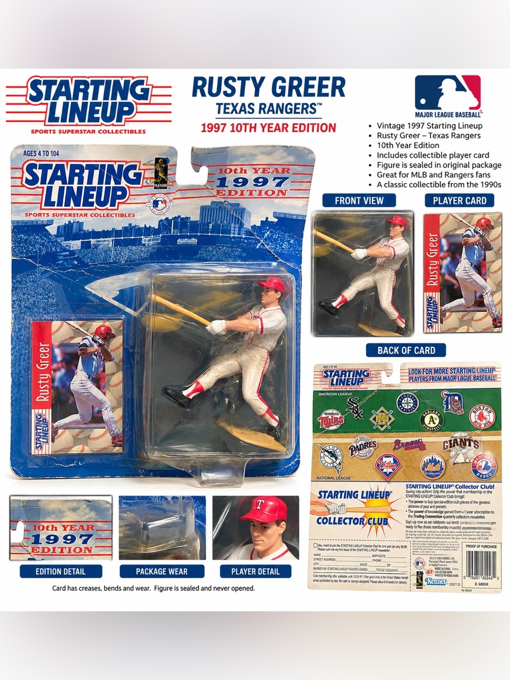 Vintage 1997 Starting Lineup Rusty Greer Texas Rangers MLB Figure Kenner open